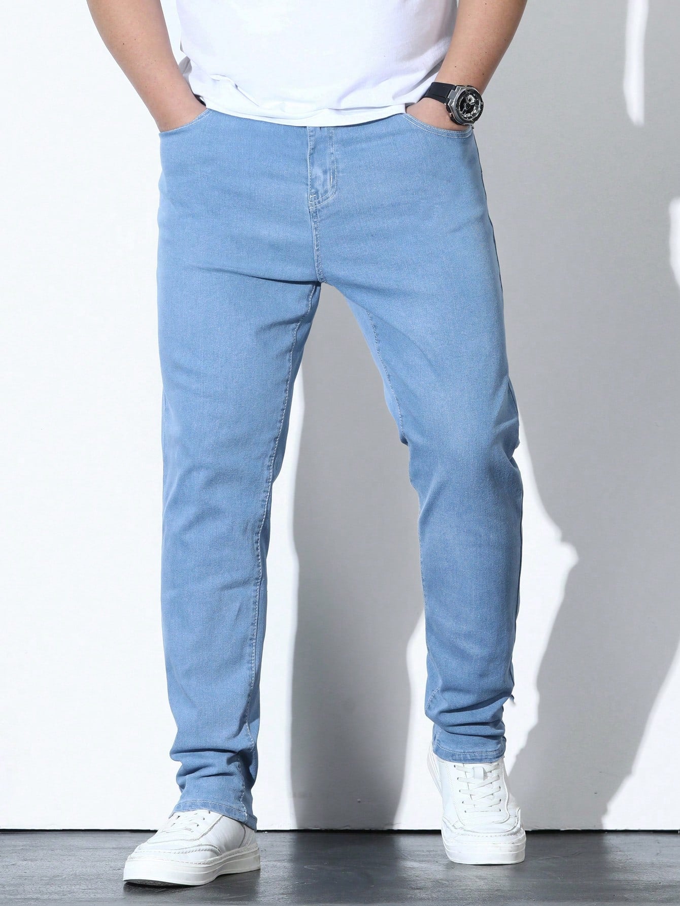 Men's Plus Size Solid Color Slim Fit Jeans With Diagonal Pockets