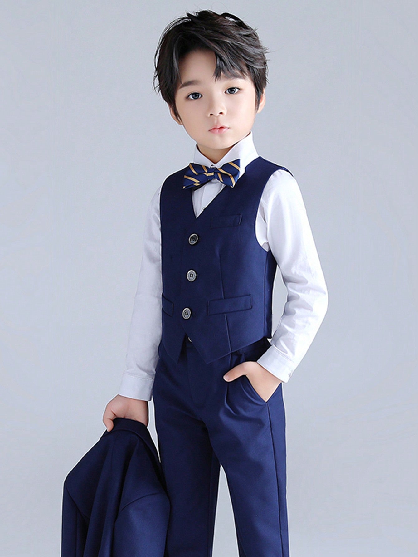 Young Boy 3pcs Spring Formal Suit Set With Vest, Pants, Bowtie