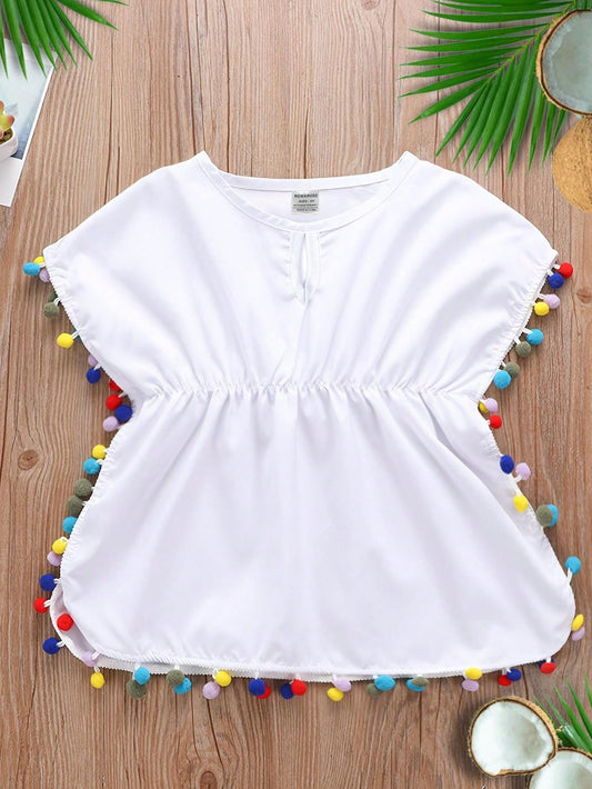 Young Girl Casual Pompom Decor Swimsuit Cover Up Clothes