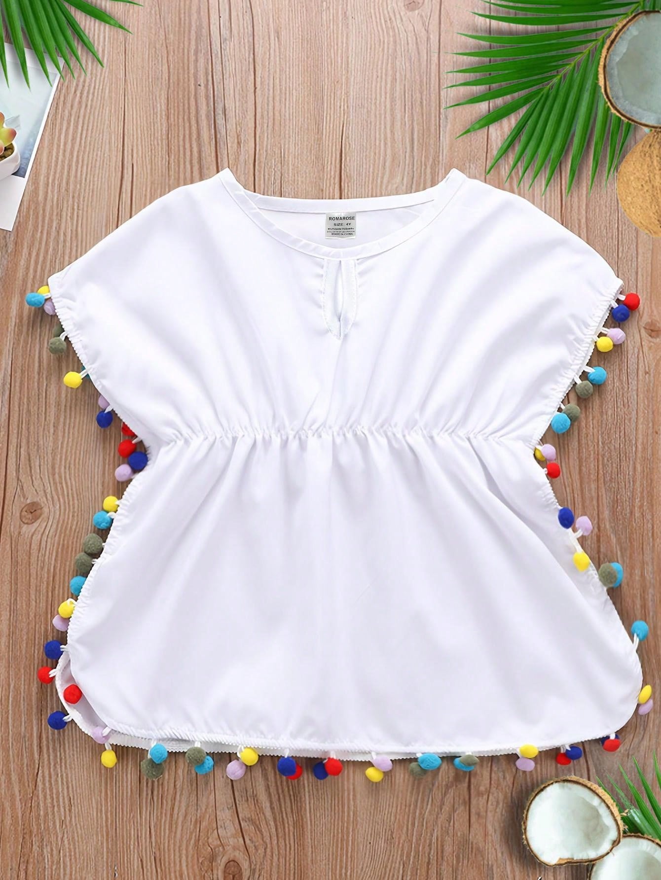 Young Girl Casual Pompom Decor Swimsuit Cover Up Clothes