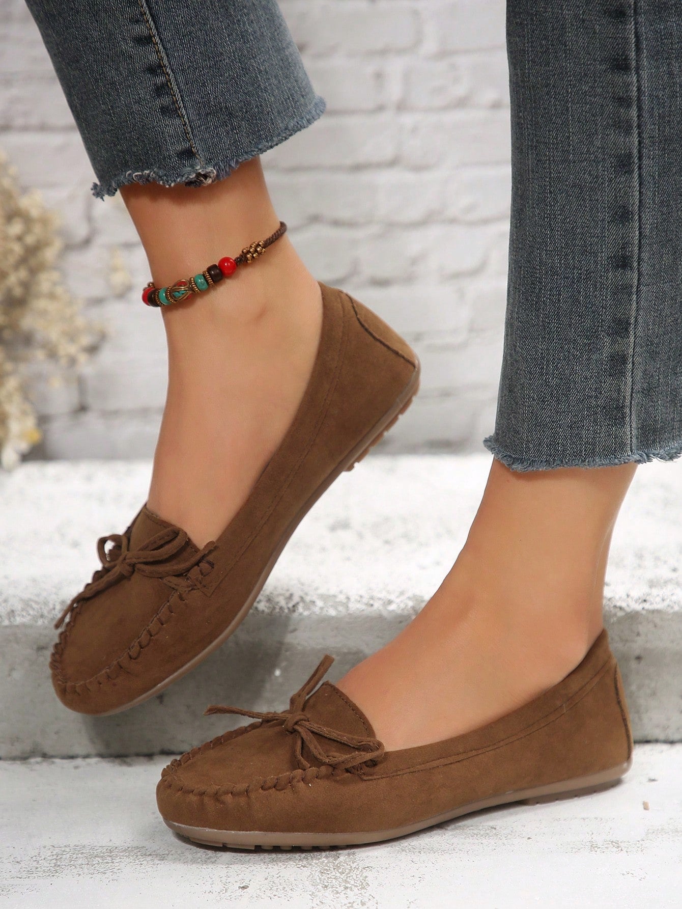 Women Bow Decor Stitched Detail Loafers, Faux Suede Fashion Flats