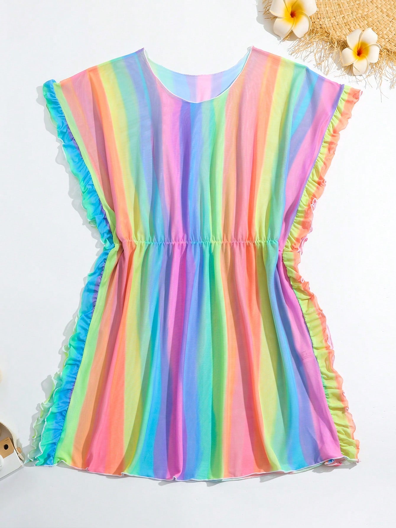 Teen Girls' Rainbow Striped Cover Up With Ruffle Trim, Random Color