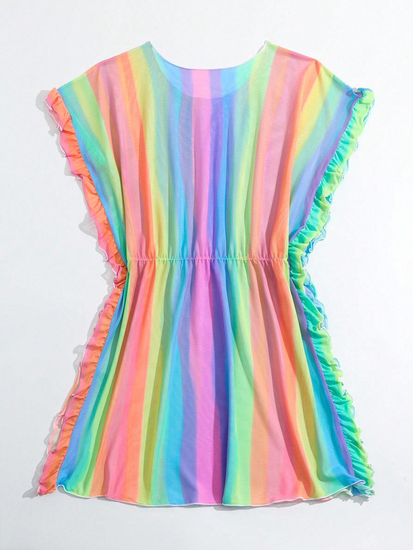 Teen Girls' Rainbow Striped Cover Up With Ruffle Trim, Random Color