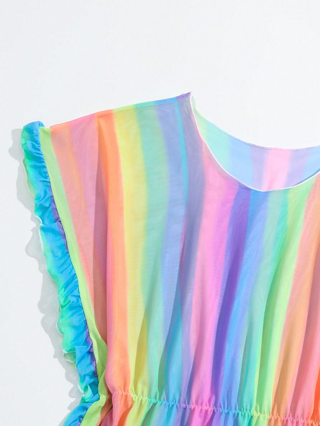 Teen Girls' Rainbow Striped Cover Up With Ruffle Trim, Random Color