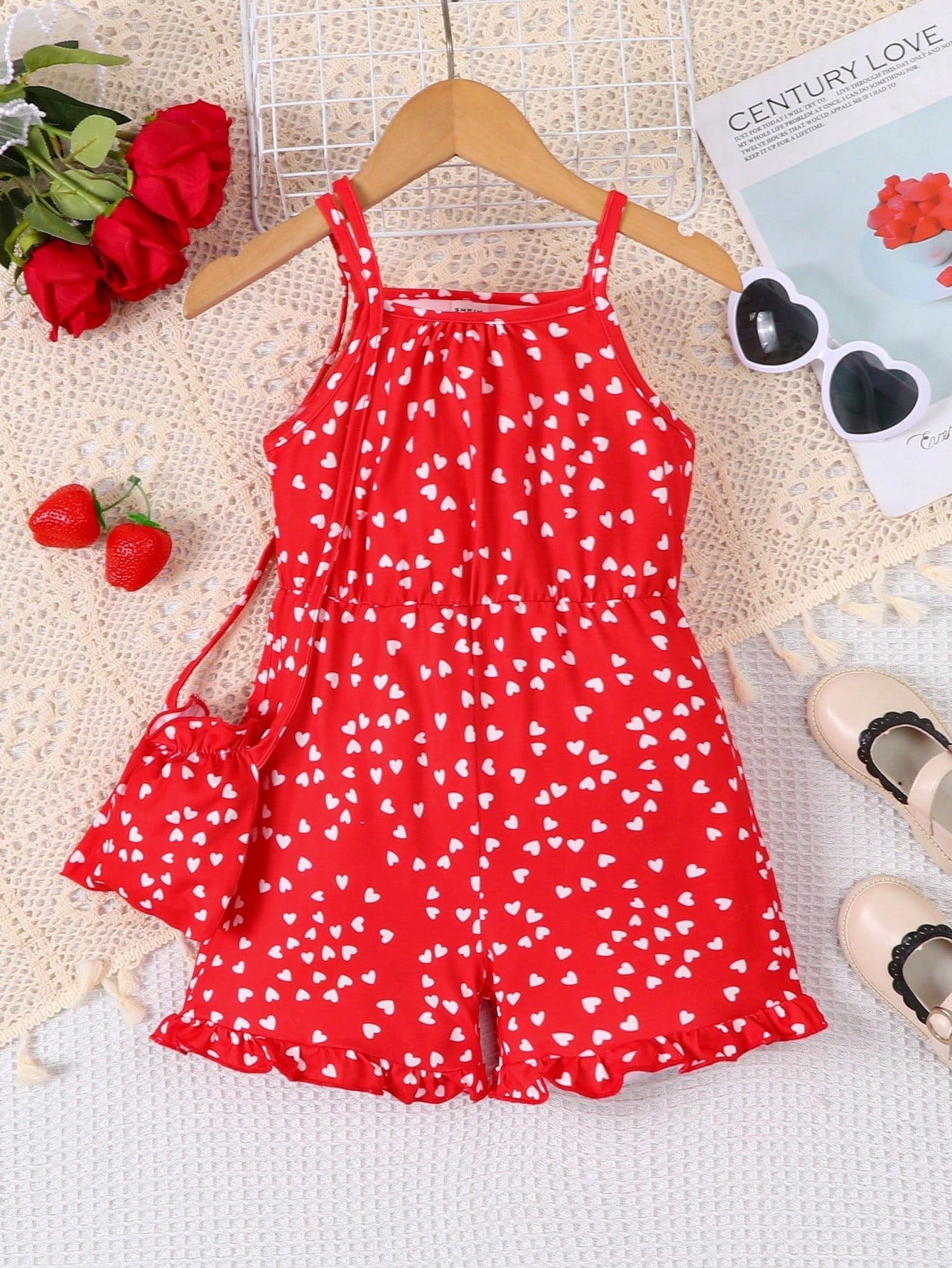 Young Girl New Heart Printed Sleeveless Jumpsuit With Elastic Waist And Spaghetti Straps