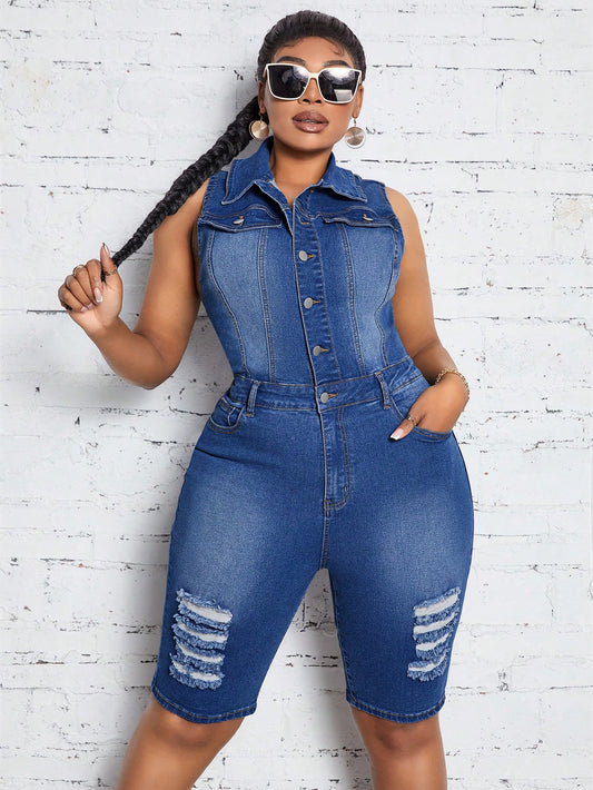 Plus Size Women's Sleeveless Denim Romper