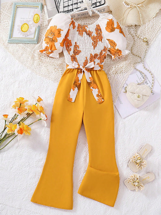 Tween Girl Jumpsuit With Large Flower Prints And Belt