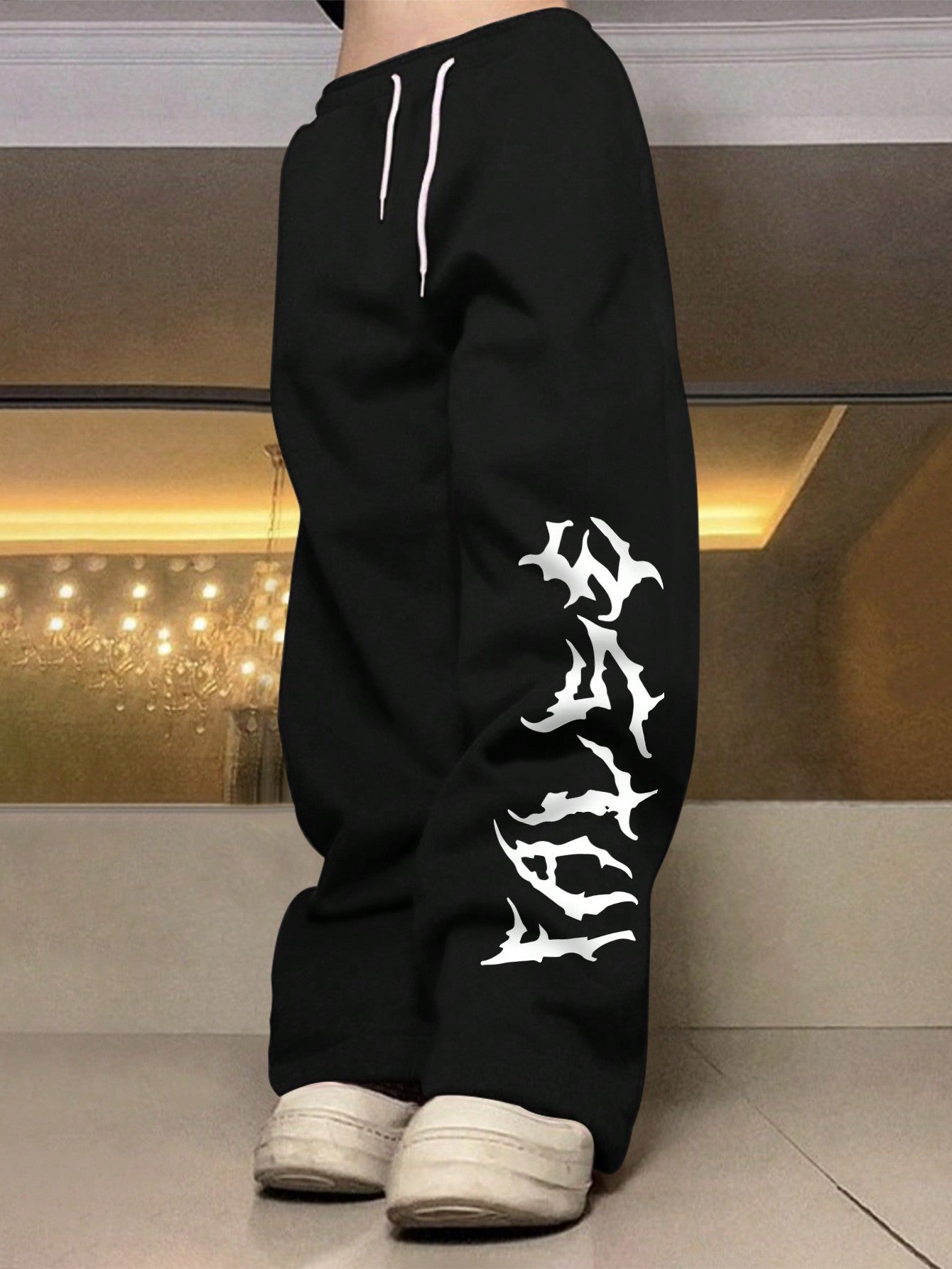 Loose Fit Men's Letter Printed Sweatpants With Drawstring Waist Baggy Long Plain Black Going Out Goth