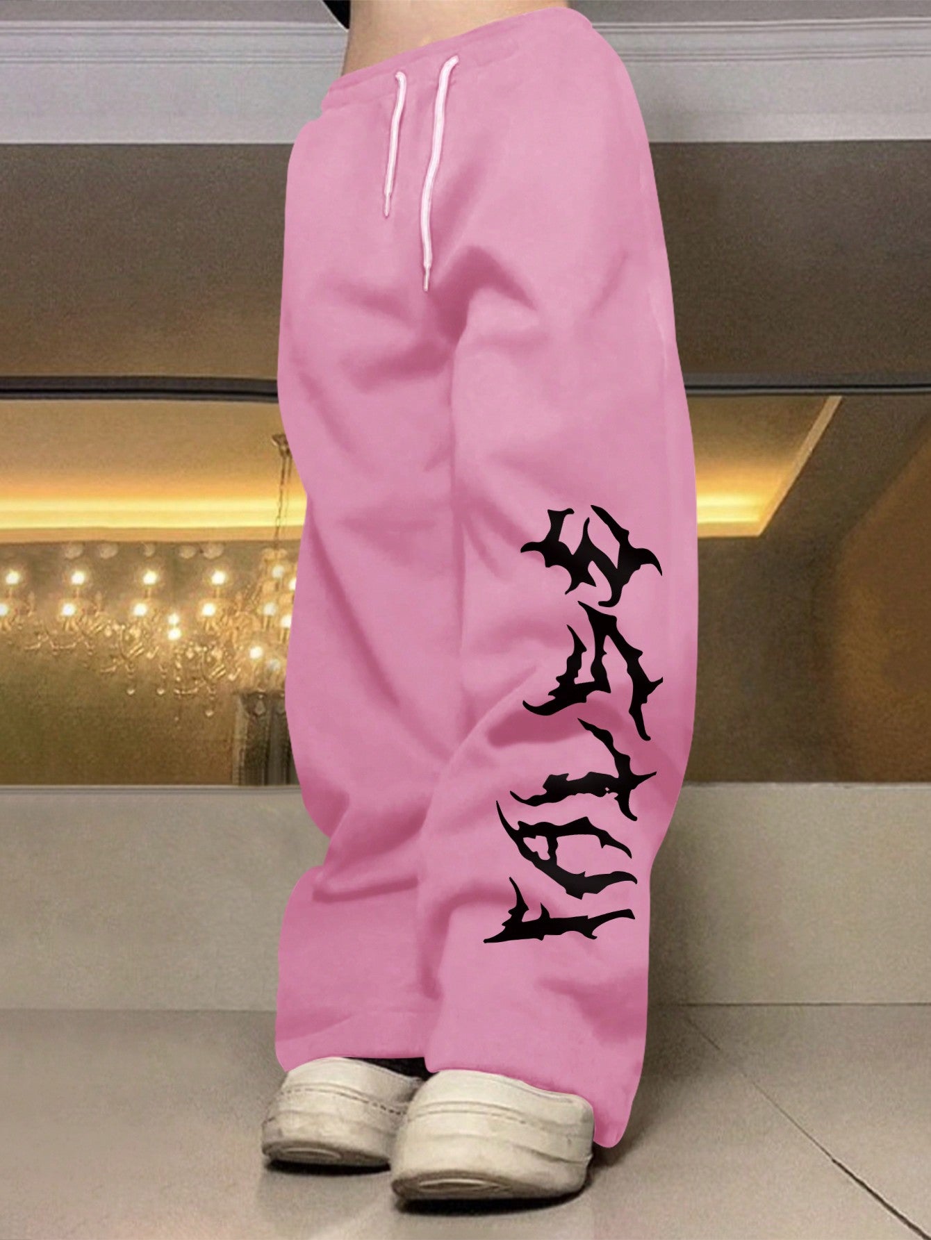 Loose Fit Men's Drawstring Waist Letter Printed Sweatpants Baggy Long Plain Light Pink Going Out Goth