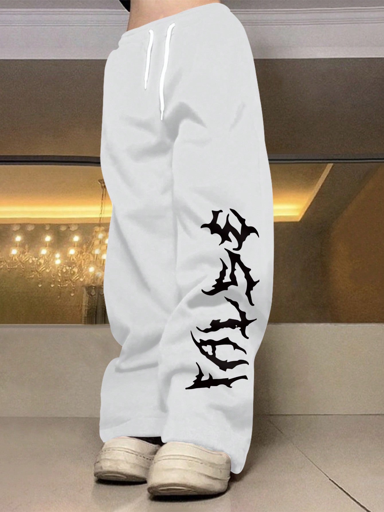 Loose Fit Men's Drawstring Waist Letter Printed Sweatpants Baggy Long Plain Light Pink Going Out Goth