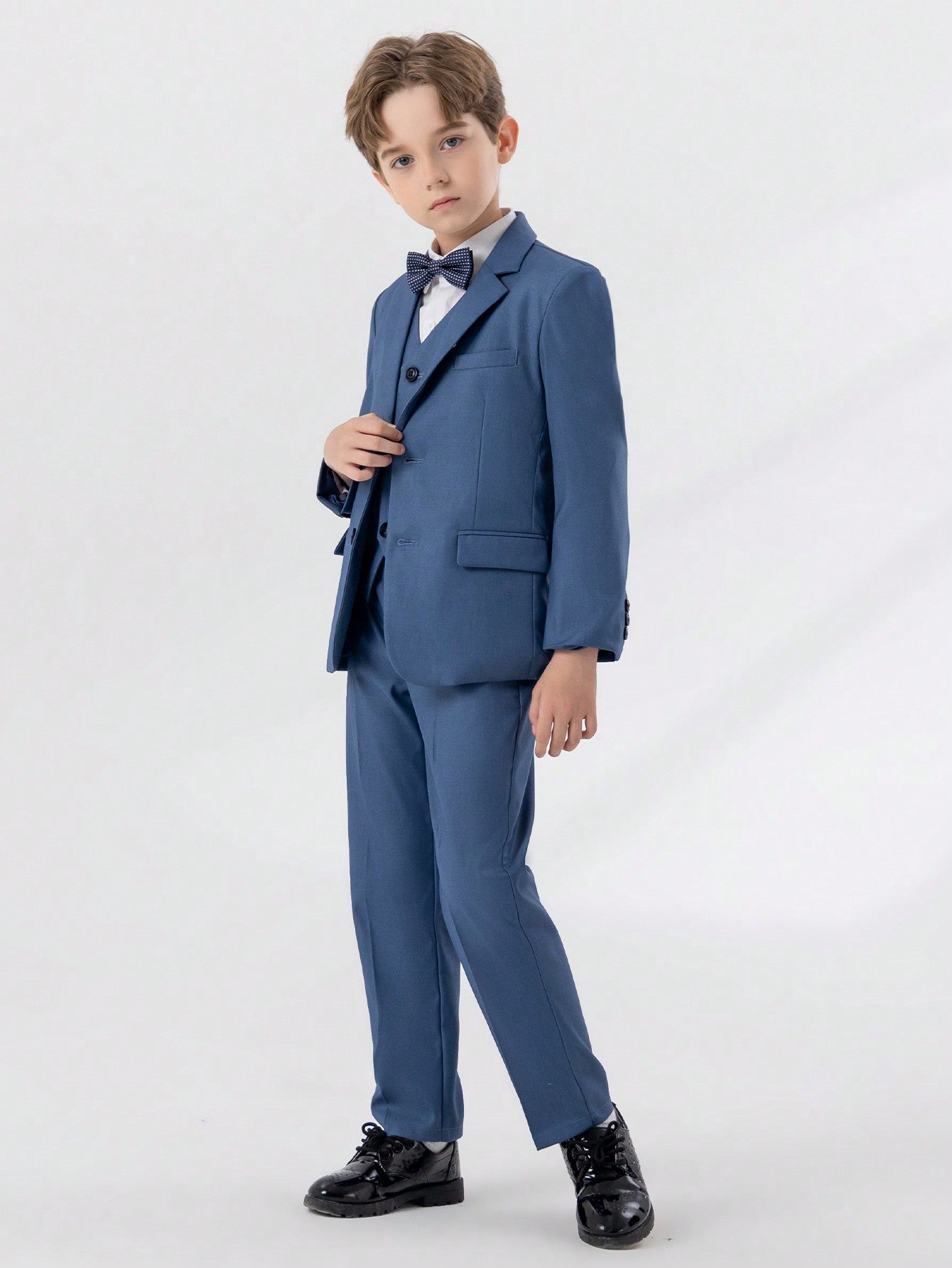 Young Boy 4pcs Gentleman Formal Suit Set With Lapel Jacket, Vest, Pants And Necktie, Spring