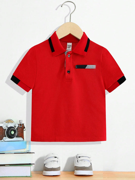 1pc Young Boys' Casual Red & Black Color Block Decor Fitted Short Sleeve Polo Shirt, Spring/Summer