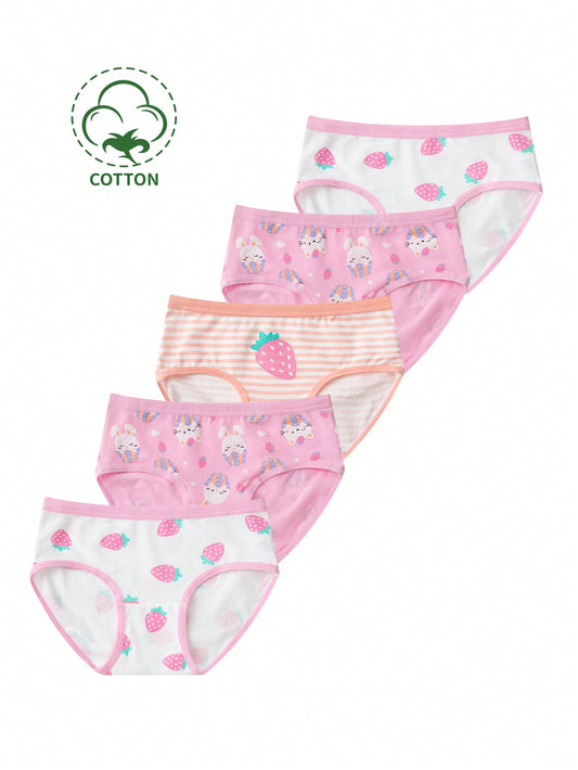 5pcs Cute Cartoon Rabbit, Strawberry & Striped Printed Triangle Panties For Young Girls, Comfortable For All Seasons