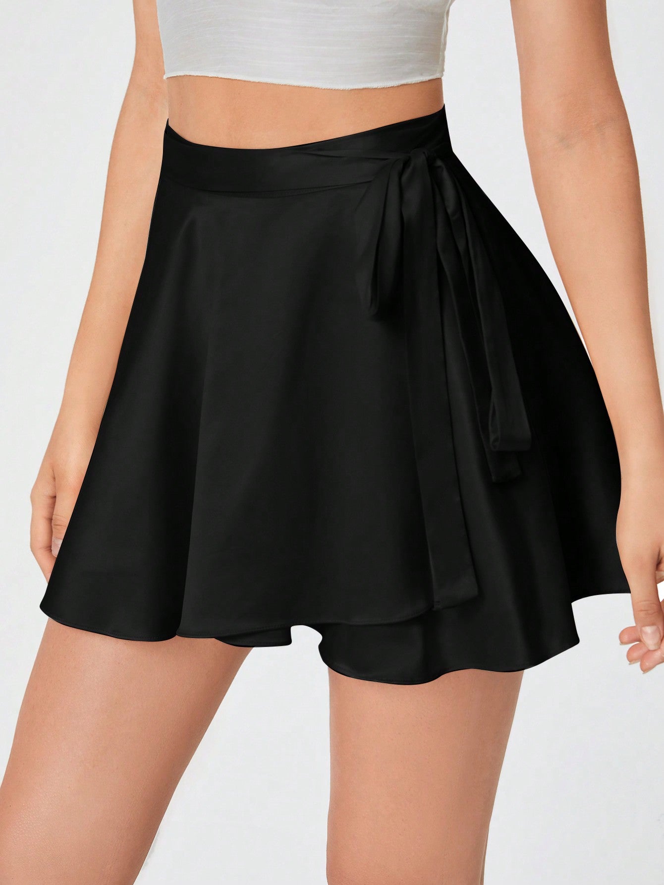 Tall Solid Belted Satin Wrap Skirt