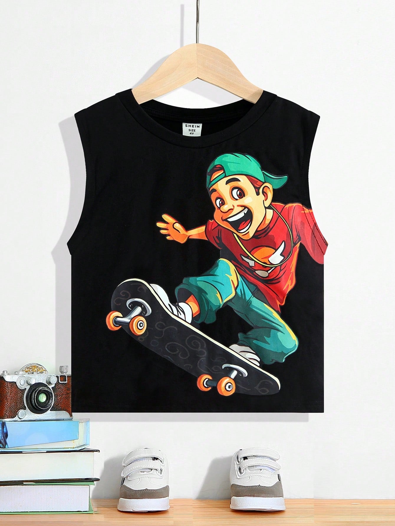 Young Boy Cute And Comfortable Skateboard Bank Wide Shoulder Vest Top