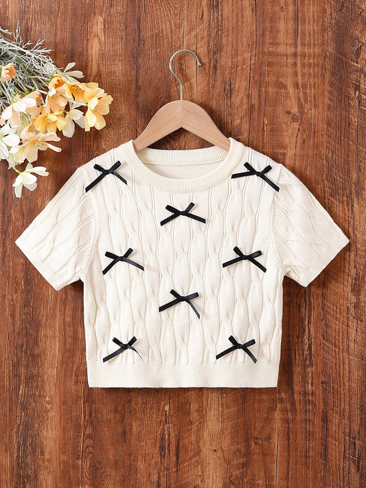 Tween Girls Short Sleeve Sweater With Bow Detailing