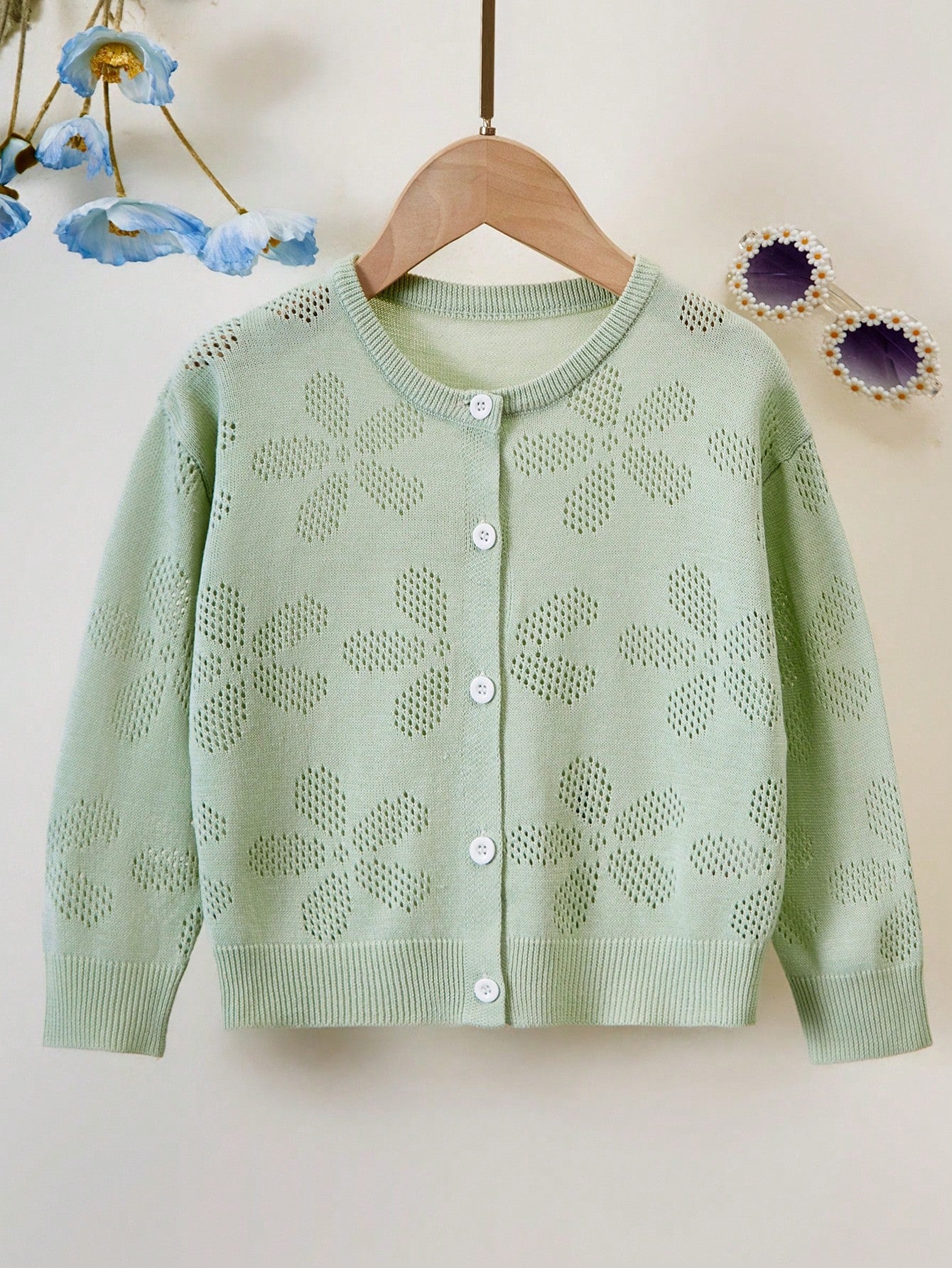 Young Girl Hollow Out Flower Pattern Cardigan Sweater