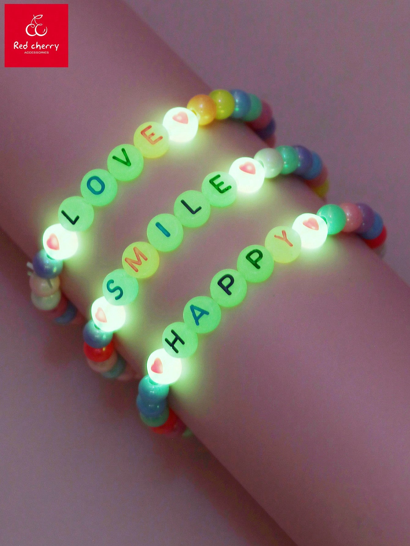 3pcs/Set Girls' Love, Smile, Happy Patterned Acrylic Bead Hand Chain Set With Night Light Function, Suitable For Daily Wear Jewelry