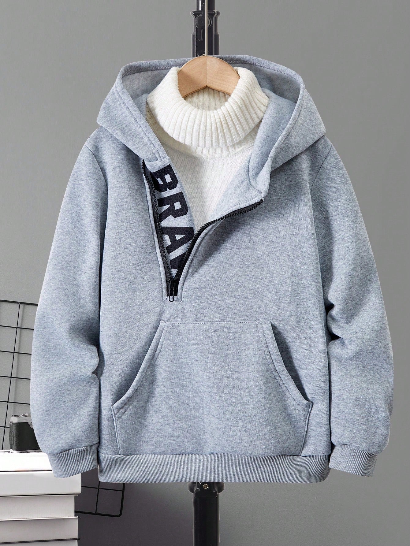 Tween Boys' Hooded Sweatshirt With Oblique Zipper And Letter Printing