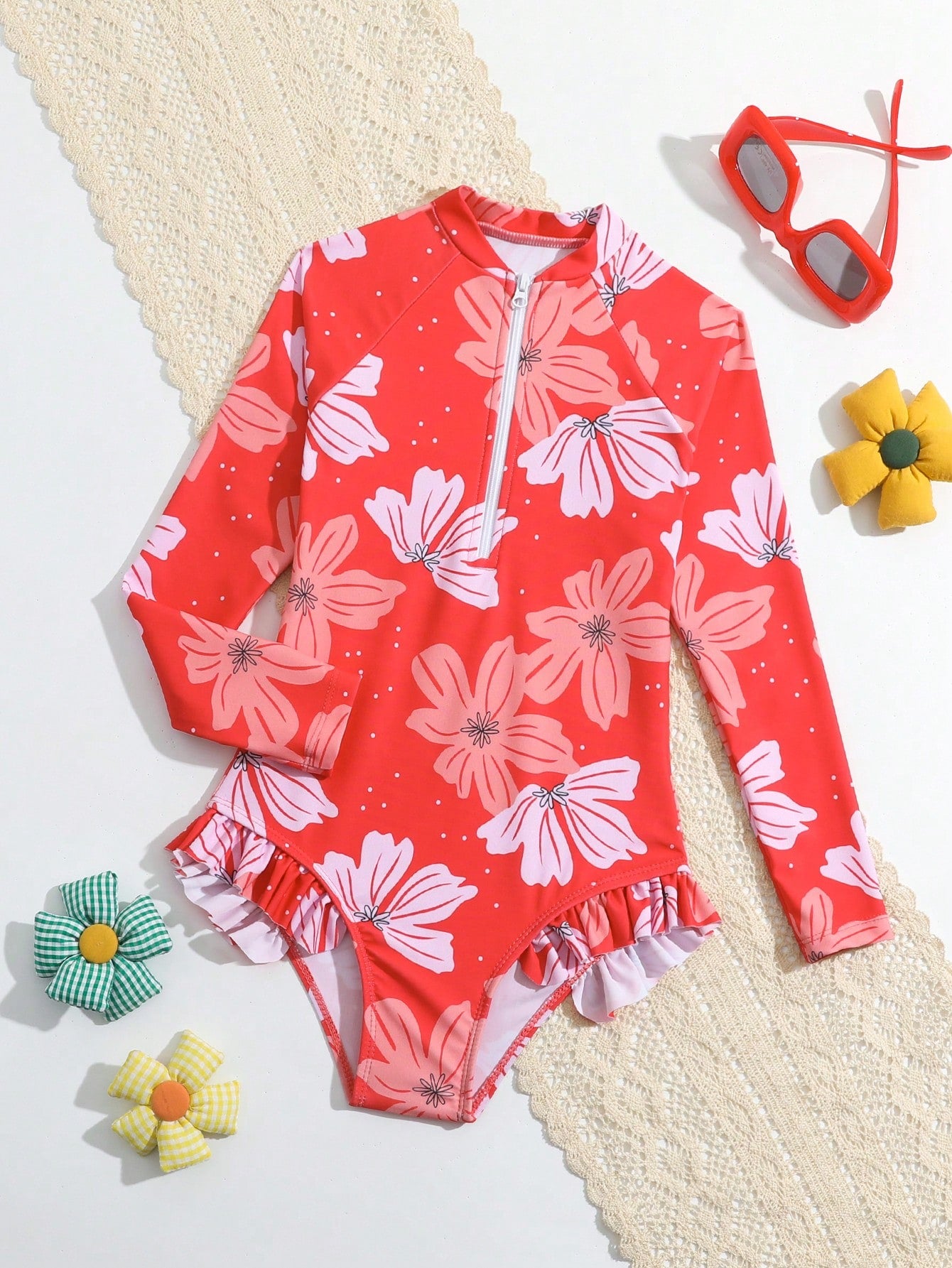 Young Girl Cute Tropical Plant Print One-Piece Swimsuit