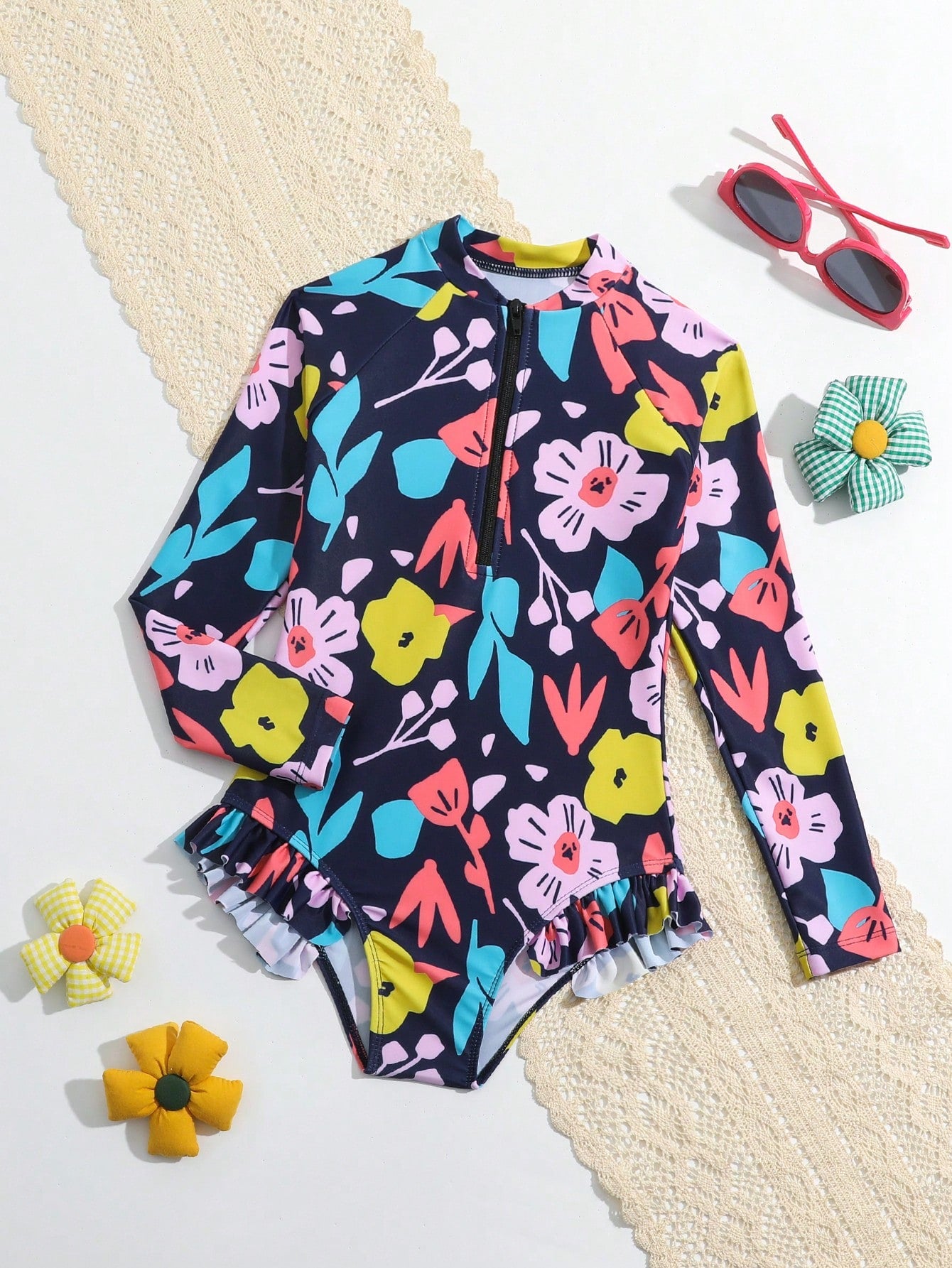 Young Girl Cute Tropical Plant Print One-Piece Swimsuit