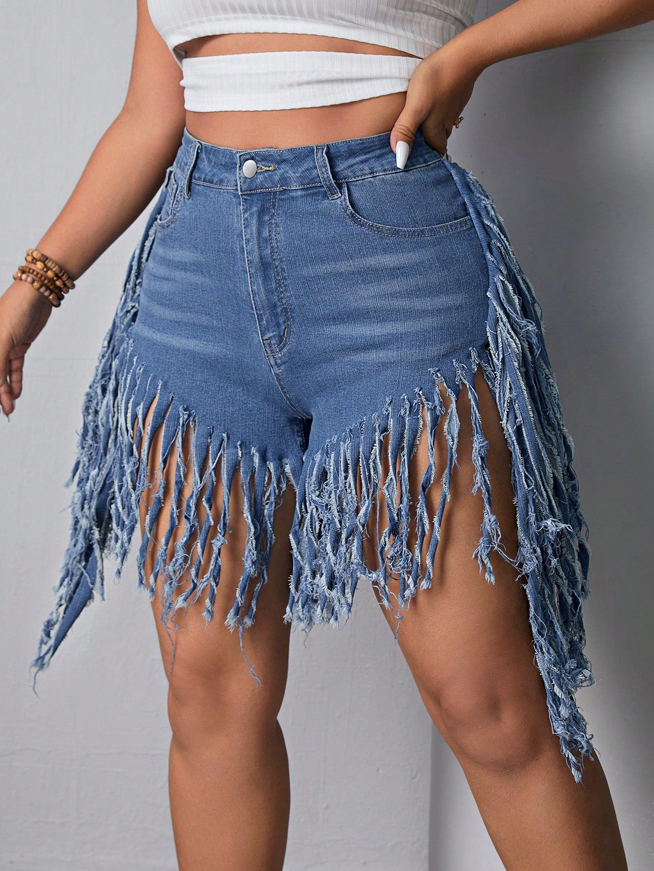 Plus Size Fringed Denim Shorts