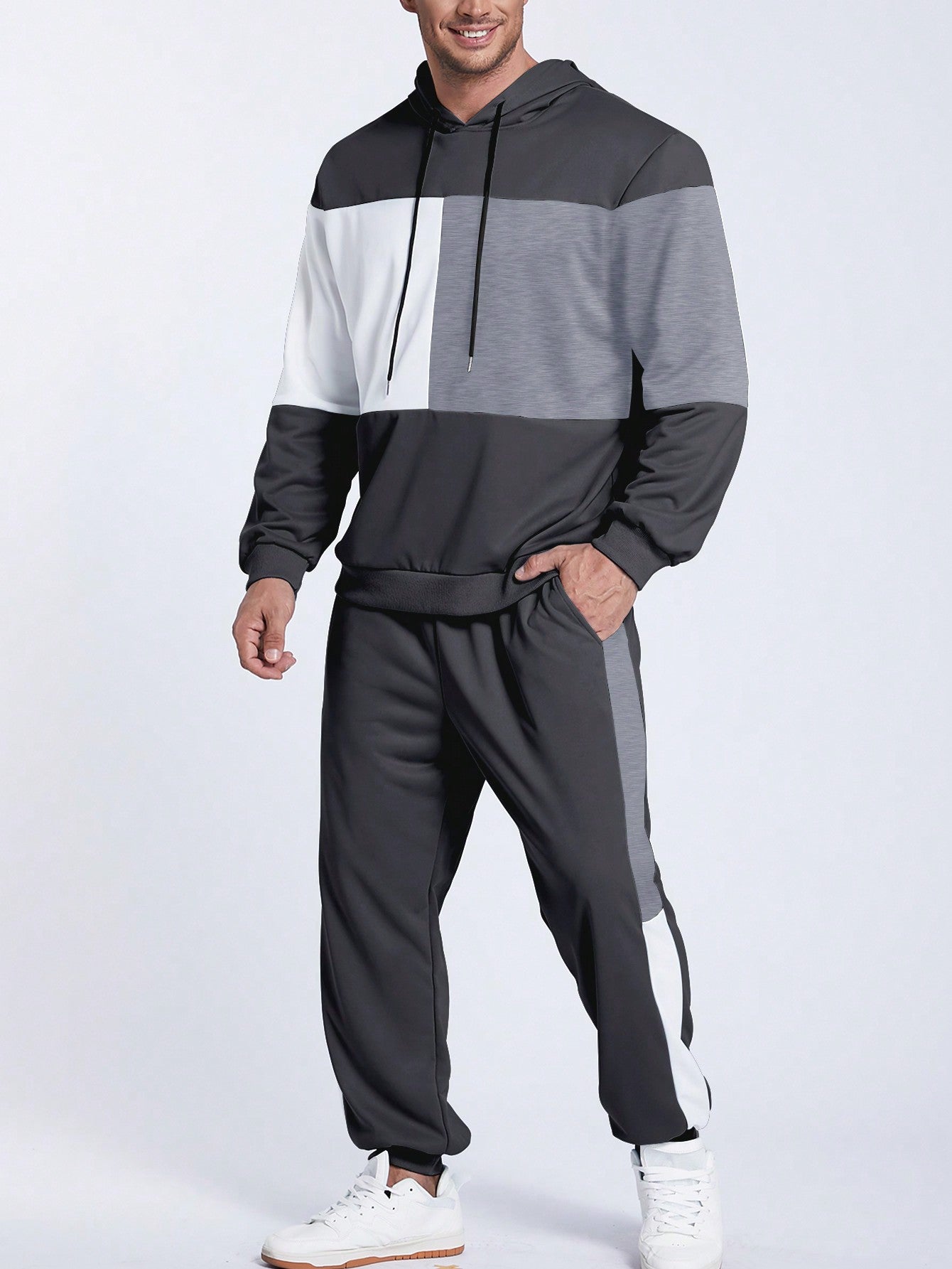 Men Plus Color Block Drawstring Hoodie & Sweatpants Track Suit