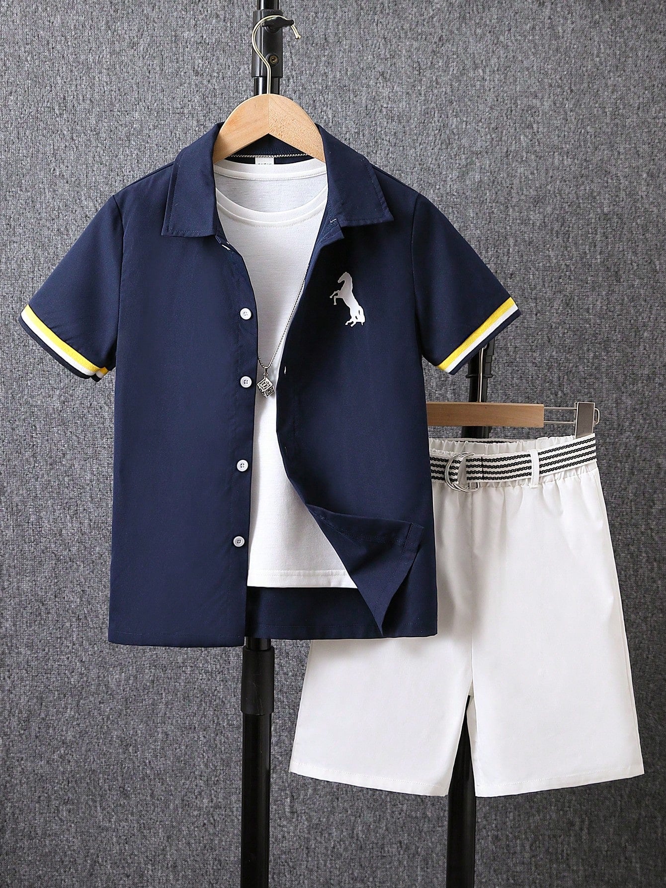 Tween Boys' Formal Dress Set, Including Belted Shorts And Woven Decorated Shirt For Formal Occasions