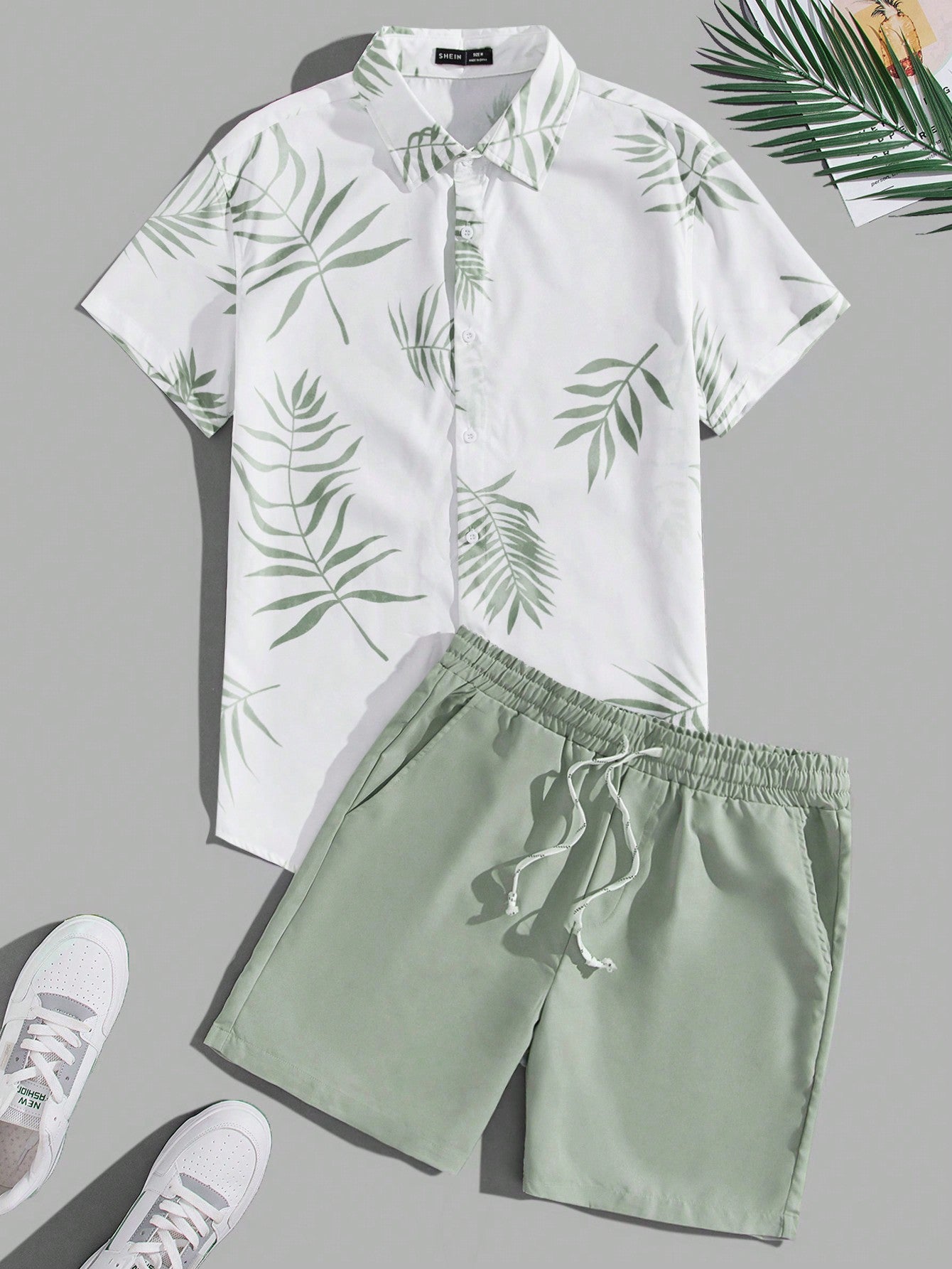 Men Tropical Print Shirt & Drawstring Waist Shorts Set