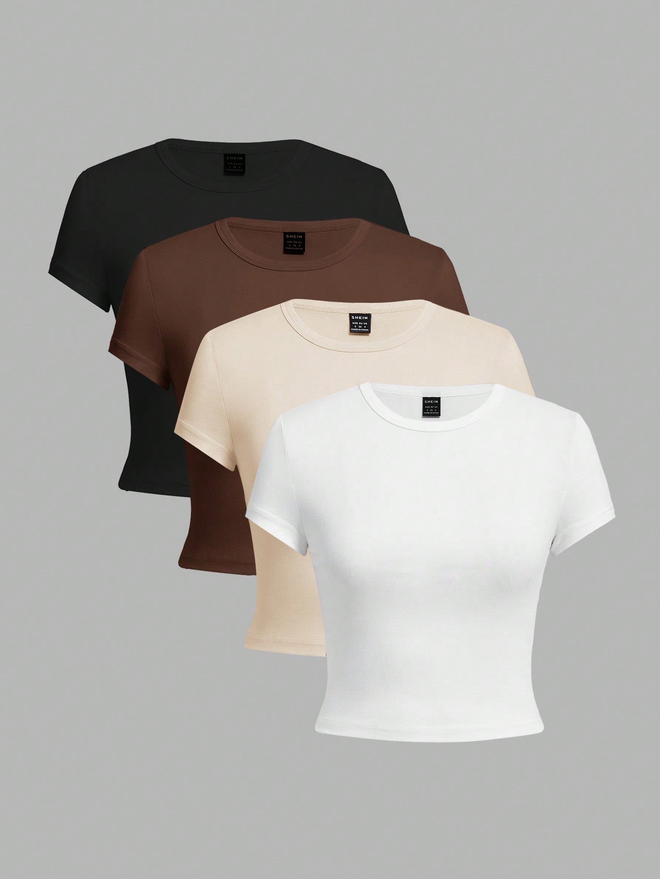 4pcs Casual Solid Color Round Neck Short Sleeve Women's Slim Fit T-Shirt, Suitable For Summer