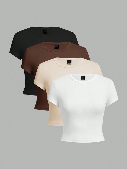 4pcs Casual Solid Color Crop Sleeve Cropped Slim Fit Women T-Shirt Set For Summer