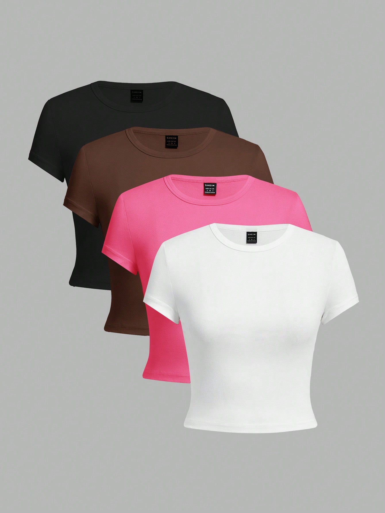 4pcs/Set Casual Round Neck Crop Sleeve Crop Lady's T-Shirt For Summer, Slim Fit