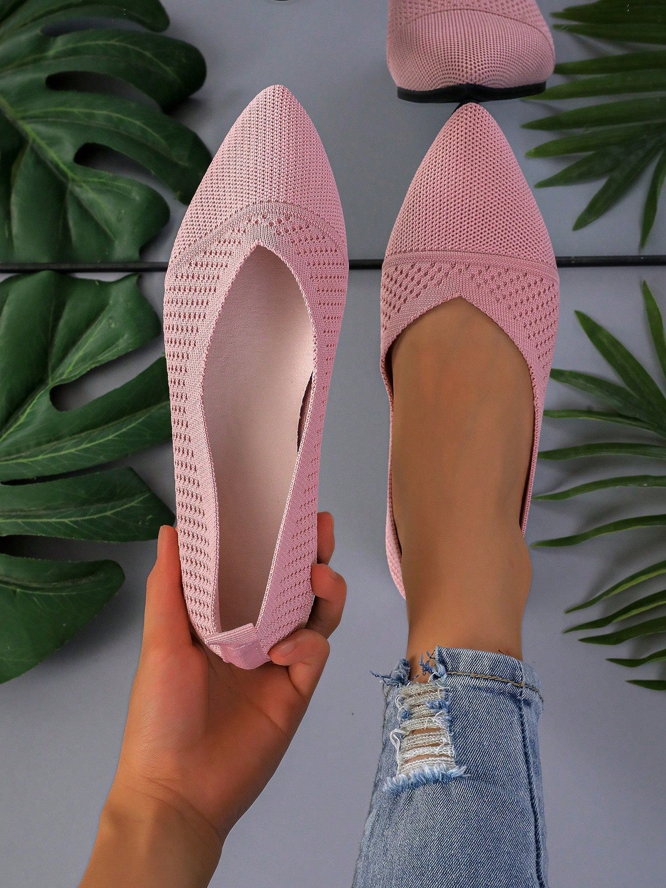 Knitted Women's Flat Shoes, Including Breathable Knitted Flat Shoes, Elegant Pointed Dress Shoes, And Lightweight Slip-On Shoes