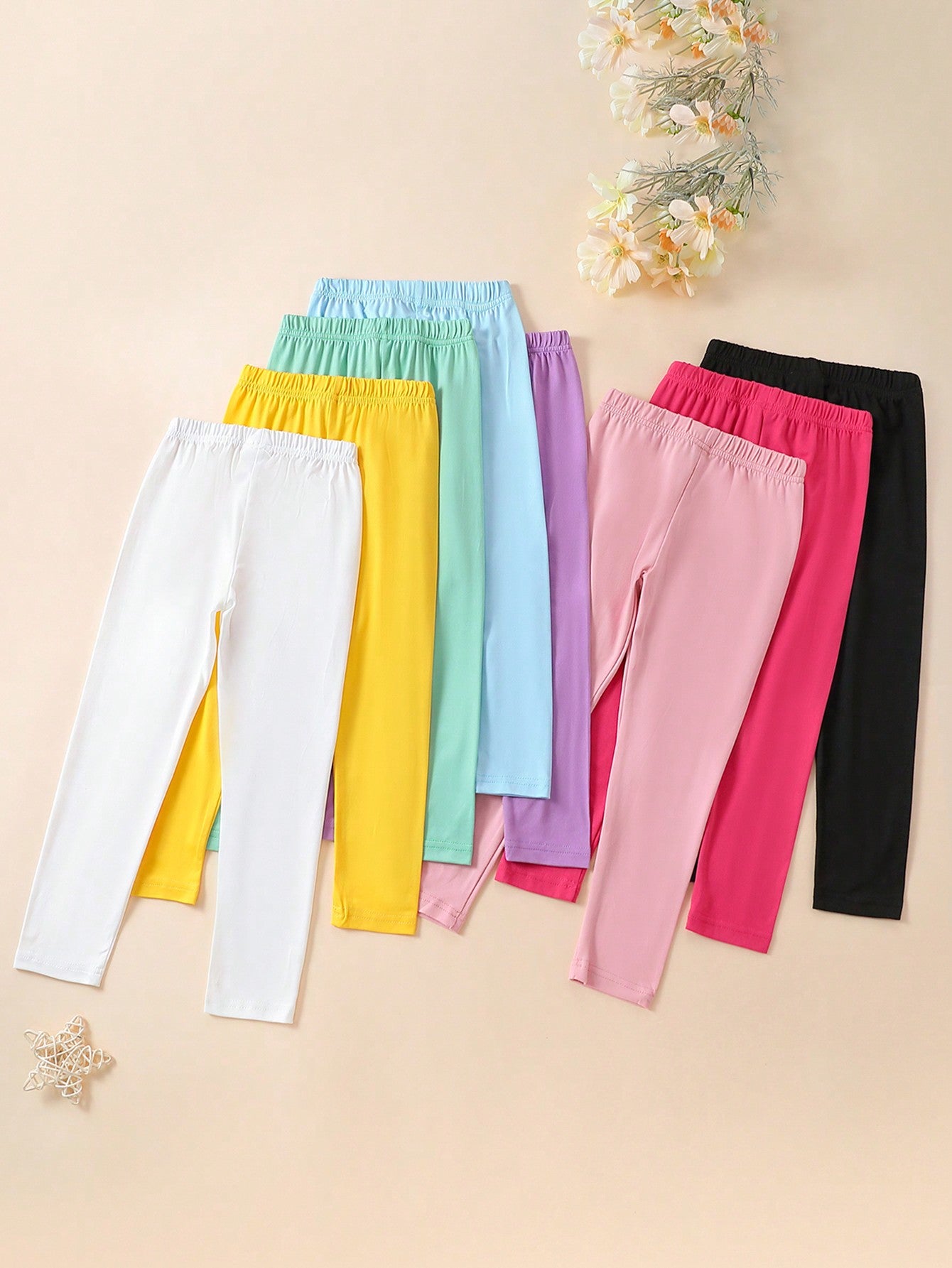 8pcs Young Girls' Simple Solid Color Stretchy High Waisted Long Leggings