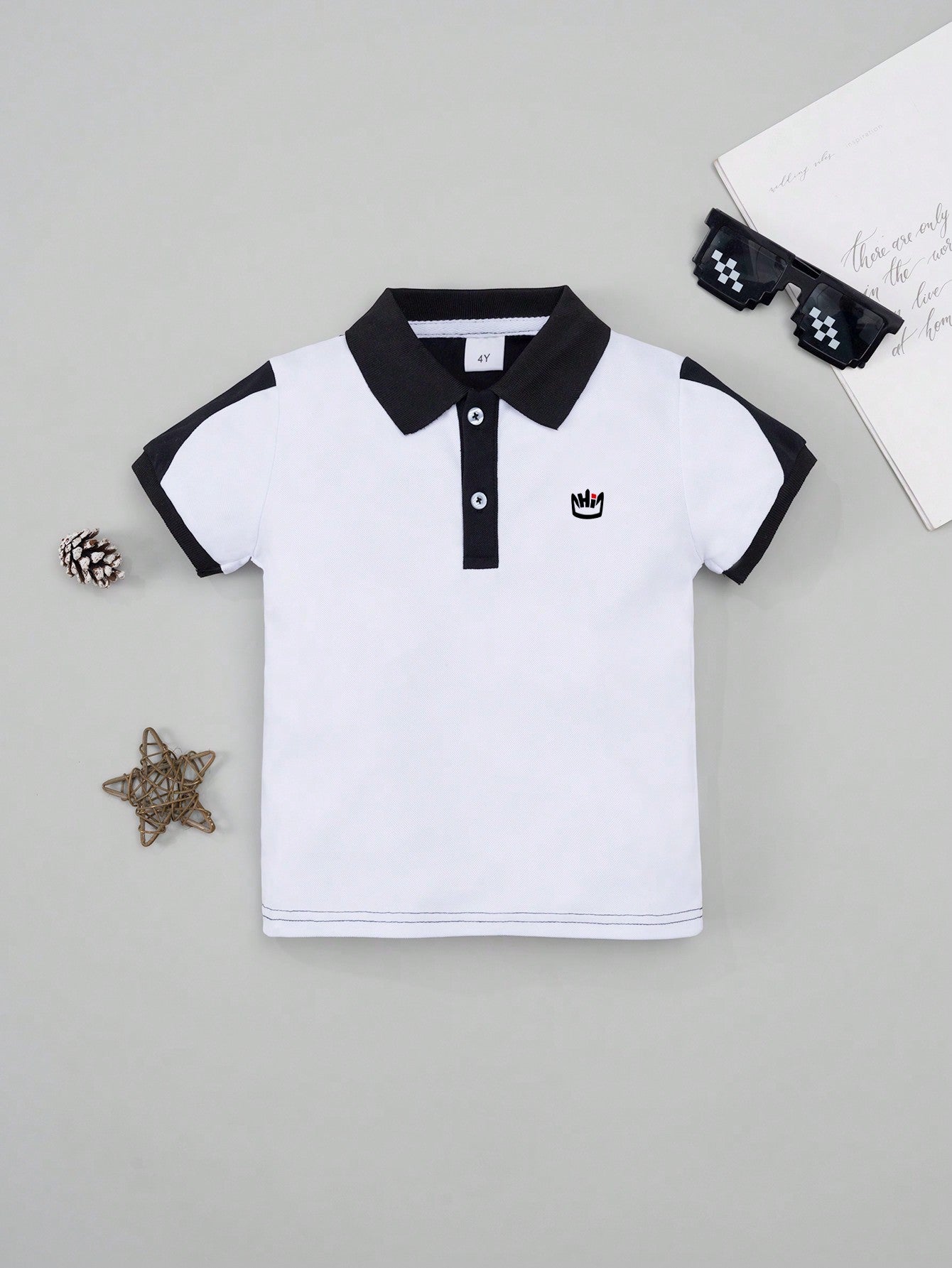 Young Boy's Knight Embroidery Black-Bordered Short Sleeve Polo Shirt