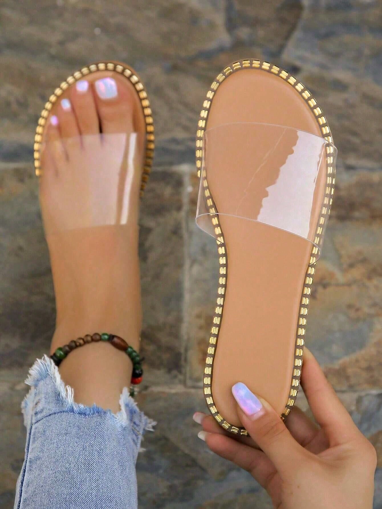 Women's Fashionable Round Toe Clear Slippers, Summer Outdoor Slip-On, Simple Style Metal Decor, Flat Sole Non-Slip, Light & Comfortable