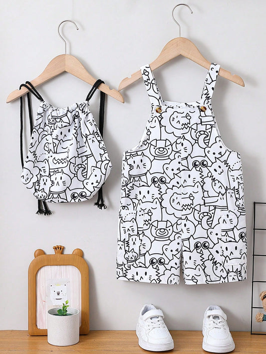 Young Boys' Cute Cartoon Printed Romper With Small Backpack For Summer