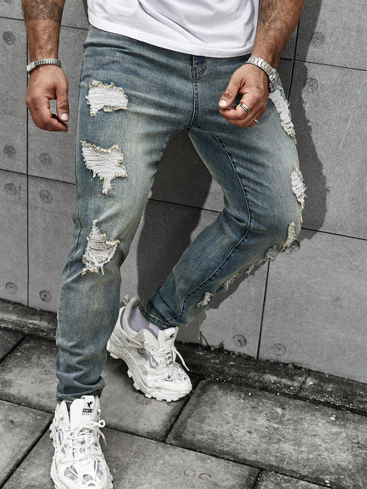 Men's Plus Size Distressed Vintage Denim Jeans Slim Fit Long Ripped Frayed Jean Cargo Plain Teal Going Out Street Wear