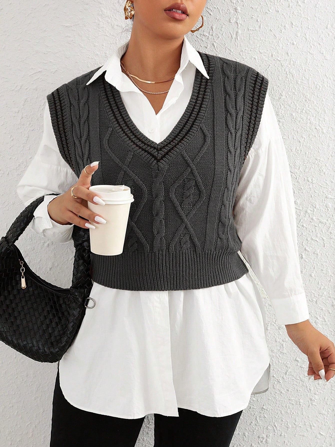 Plus Striped Trim Cable Knit Sweater Vest Without Blouse