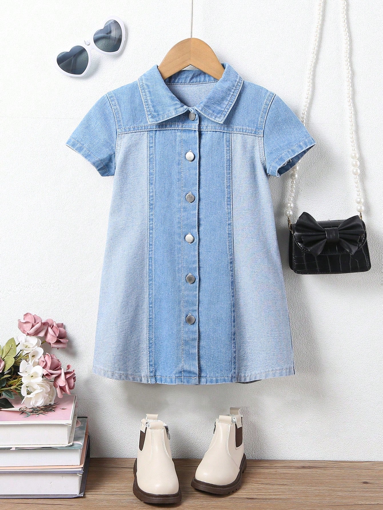 Young Girls' Vintage College Style Personality Design Short Sleeve Denim Shirt Dress With Color Blocking And Loose Fit