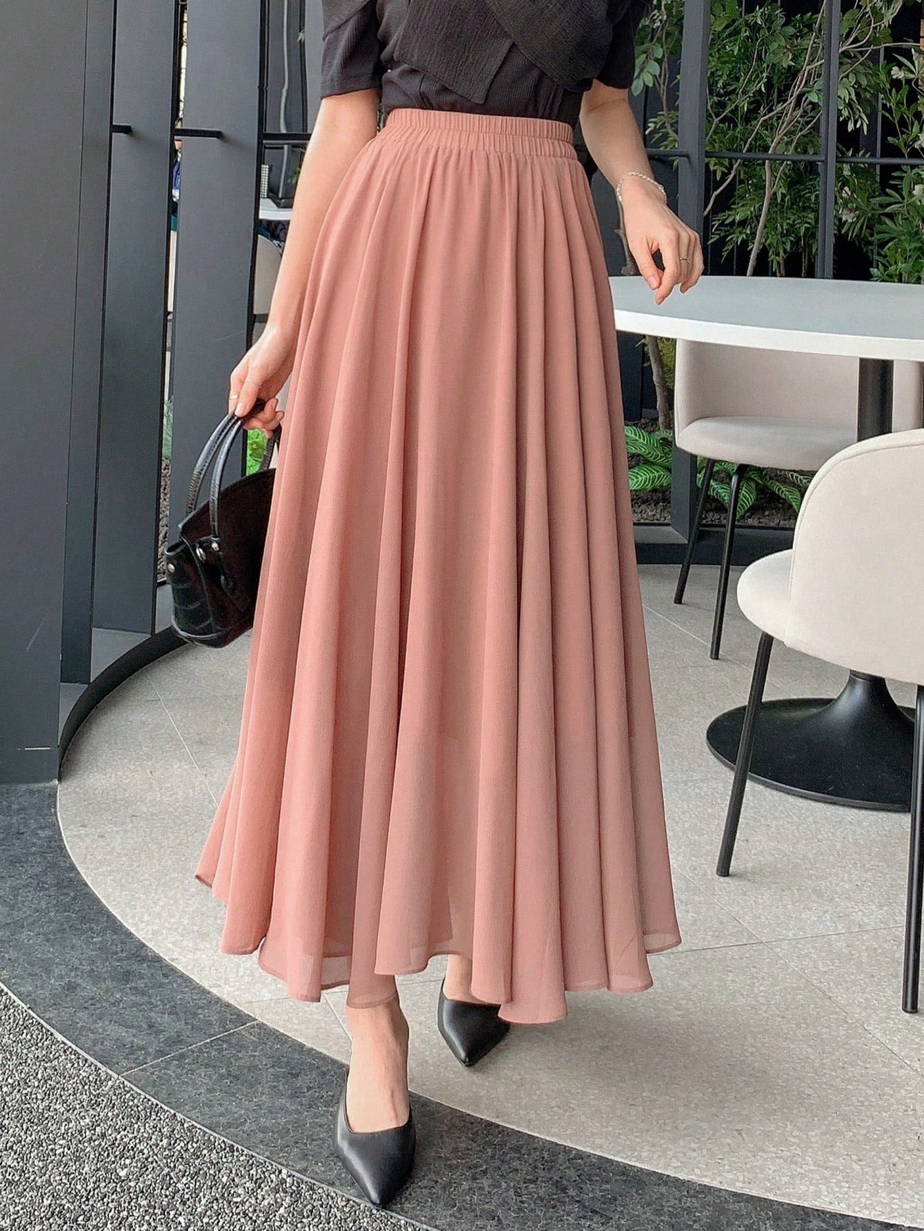 Women's Solid Color Elastic Waist Skirt