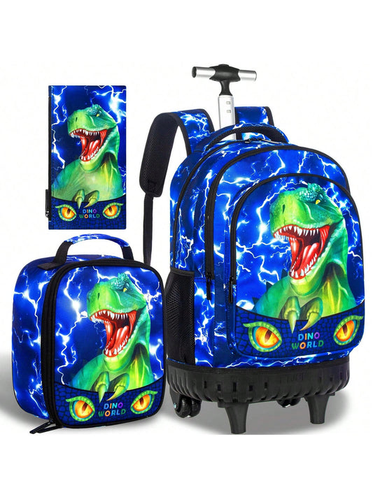 3PCS Kids Rolling Backpack For Boys,Water Resistant Roller Bookbag Set, Cute School Bag With Wheels For Elementary Preschool - Cute Green Dinosaur