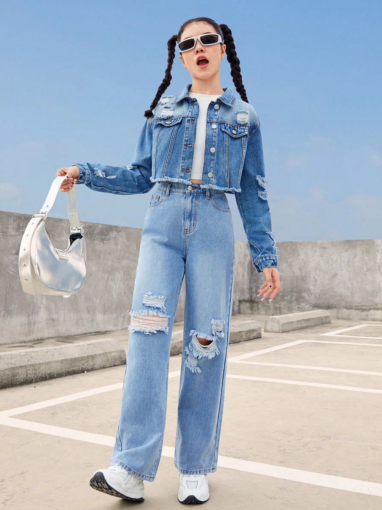 Teen Girl Casual Loose Ripped Short Denim Jacket