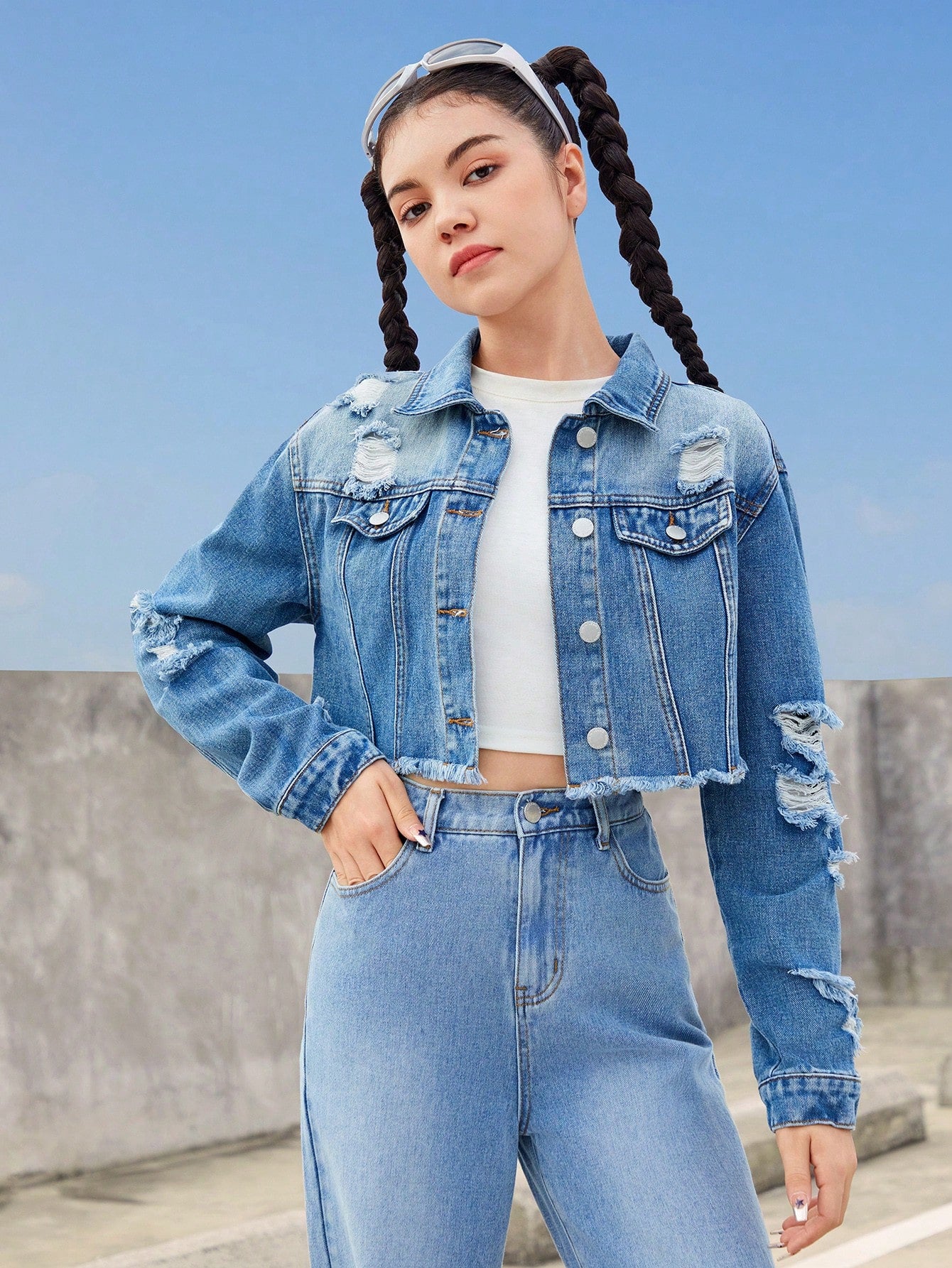 Teen Girl Casual Loose Ripped Short Denim Jacket