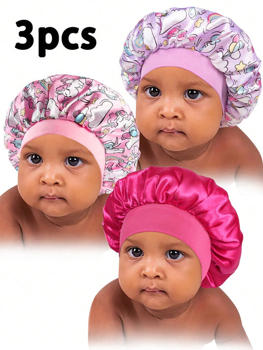 3pcs Kids' Bonnets With Narrow Brim & Various Patterns, Elastic And Comfortable, Soft Breathable Head Wrap Set