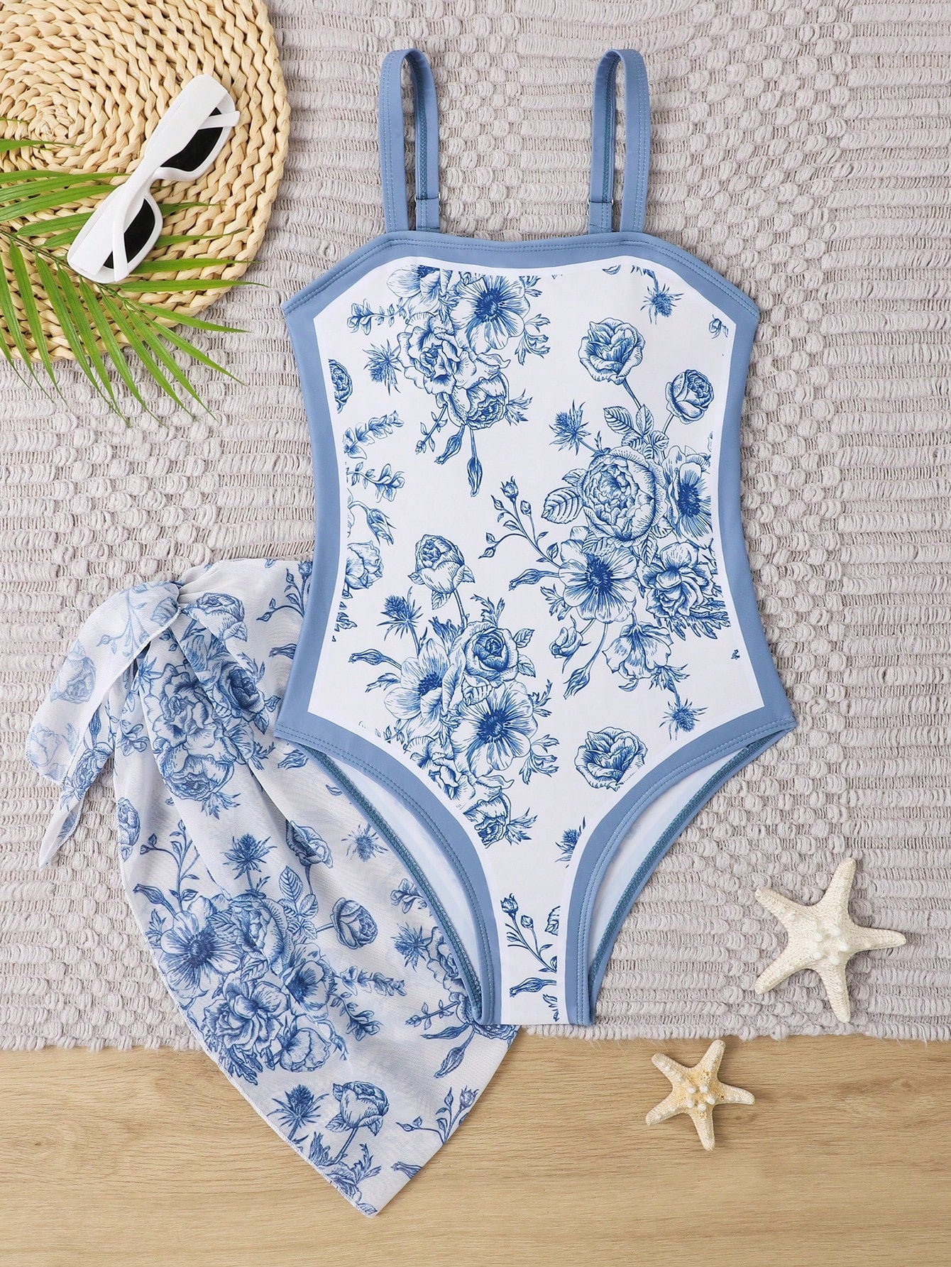 Tween Girl Floral One-Piece Swimsuit And Knotted Side Swim Skirt