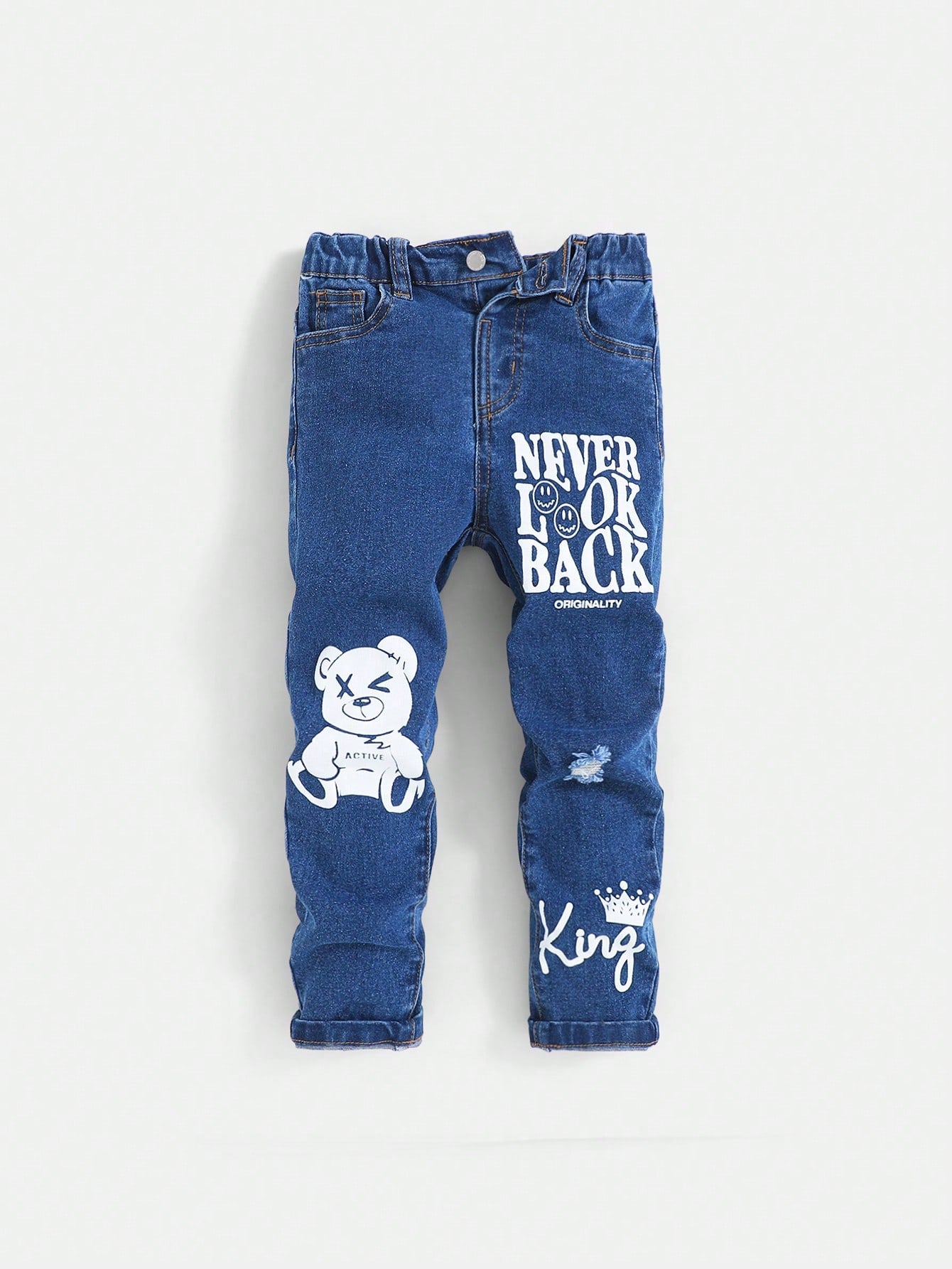 Young Boy Cartoon Bear And Text Print Jeans