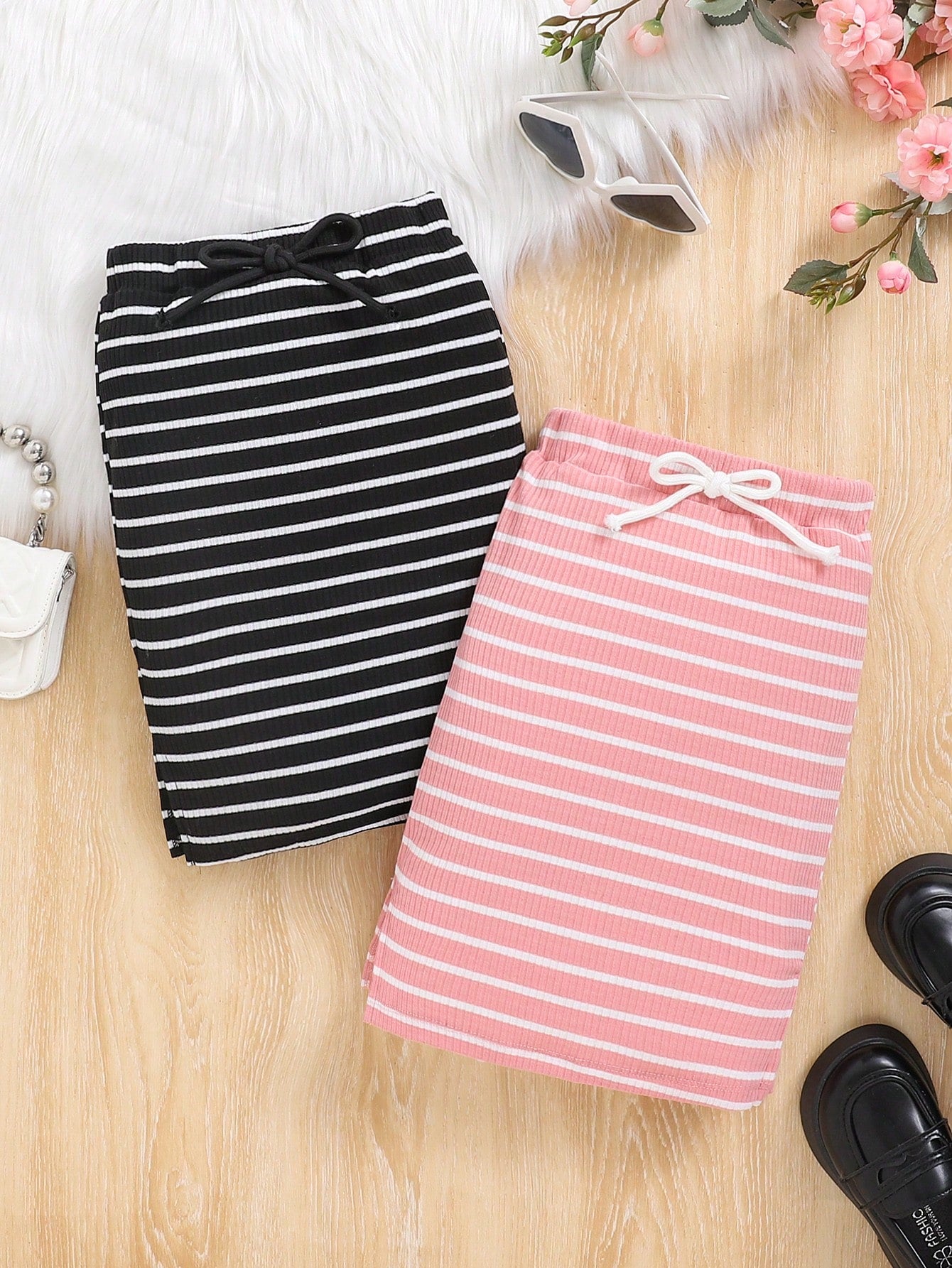 Young Girl 2pcs Striped Print Knot Waist Rib-knit Skirt