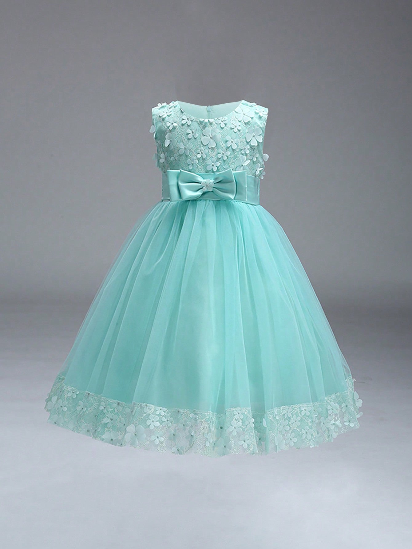 Young Girl Solid Color Sleeveless Dress With 3d Floral Embellishment For An Elegant Look