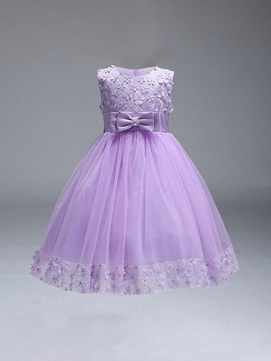 Young Girl Solid Color Sleeveless Dress With 3d Floral Embellishment For An Elegant Look